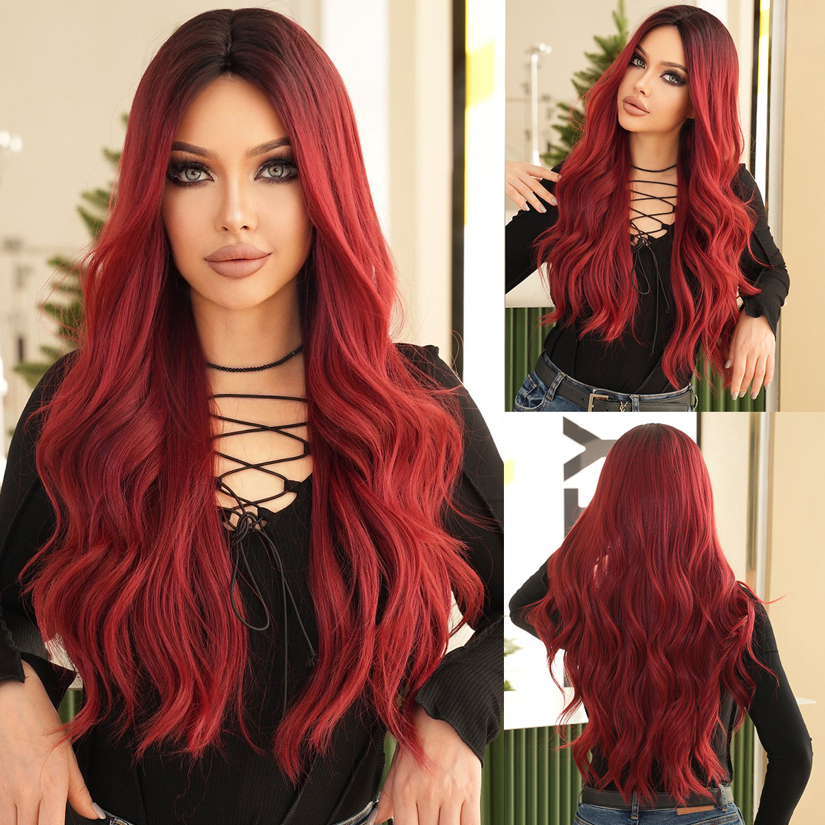 Womens Wig Rose Red Long Curly Hair Big Wave Lady Wig